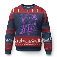 My God Is Stronger Than Alzheimers Ugly Christmas Sweater Faith Hope Purple Ribbon Graphic
