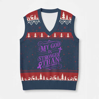 My God Is Stronger Than Alzheimers V-Neck Knit Sweater Vest Faith Hope Purple Ribbon Graphic