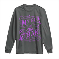 My God Is Stronger Than Alzheimers Long Sleeve Shirt Faith Hope Purple Ribbon Graphic