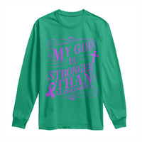 My God Is Stronger Than Alzheimers Long Sleeve Shirt Faith Hope Purple Ribbon Graphic