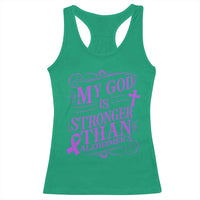 My God Is Stronger Than Alzheimers Racerback Tank Top Faith Hope Purple Ribbon Graphic