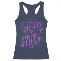 My God Is Stronger Than Alzheimers Racerback Tank Top Faith Hope Purple Ribbon Graphic