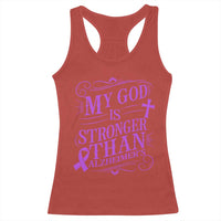 My God Is Stronger Than Alzheimers Racerback Tank Top Faith Hope Purple Ribbon Graphic