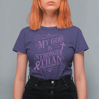 My God Is Stronger Than Alzheimers T Shirt For Women Faith Hope Purple Ribbon Graphic