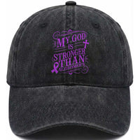 My God Is Stronger Than Alzheimers Washed Cotton Baseball Cap Faith Hope Purple Ribbon Graphic