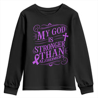 My God Is Stronger Than Alzheimers Youth Sweatshirt Faith Hope Purple Ribbon Graphic
