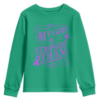 My God Is Stronger Than Alzheimers Youth Sweatshirt Faith Hope Purple Ribbon Graphic