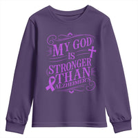 My God Is Stronger Than Alzheimers Youth Sweatshirt Faith Hope Purple Ribbon Graphic
