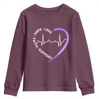Alzheimers Awareness Heart Heartbeat Purple Ribbon Youth Sweatshirt Hope Love Faith Support