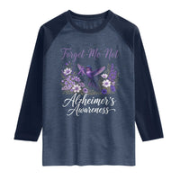 Forget Me Not Alzheimers Awareness Raglan Shirt Hummingbird Purple Ribbon Floral