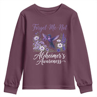 Forget Me Not Alzheimers Awareness Youth Sweatshirt Hummingbird Purple Ribbon Floral