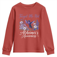 Forget Me Not Alzheimers Awareness Youth Sweatshirt Hummingbird Purple Ribbon Floral