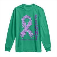 Fight Alzheimers Awareness Support Long Sleeve Shirt Purple Ribbon Floral Butterfly
