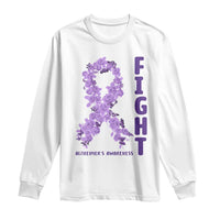 Fight Alzheimers Awareness Support Long Sleeve Shirt Purple Ribbon Floral Butterfly