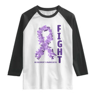 Fight Alzheimers Awareness Support Raglan Shirt Purple Ribbon Floral Butterfly