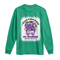 I Wear Purple For My Grandma Long Sleeve Shirt Alzheimers Awareness Messy Bun Graphic