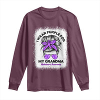I Wear Purple For My Grandma Long Sleeve Shirt Alzheimers Awareness Messy Bun Graphic