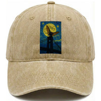 Mothman Starry Night Washed Cotton Baseball Cap Van Gogh Cryptid Gift