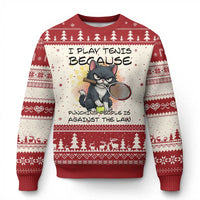 Funny Cat Plays Tennis Ugly Christmas Sweater Because Punching People Is Against The Law - Wonder Print Shop