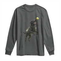Playful Black Labrador Fetching Chasing Tennis Ball Long Sleeve Shirt - Wonder Print Shop
