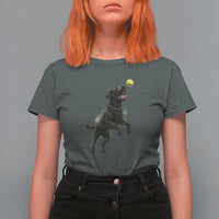 Playful Black Labrador Fetching Chasing Tennis Ball T Shirt For Women - Wonder Print Shop