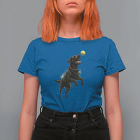 Playful Black Labrador Fetching Chasing Tennis Ball T Shirt For Women - Wonder Print Shop