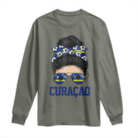 Curacao Soccer Messy Bun Girl Long Sleeve Shirt Proud Curacaoan Heritage Gift