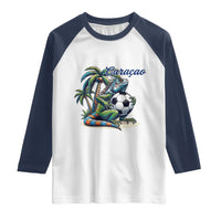 Funny Curaçao Iguana Soccer Fan Raglan Shirt Caribbean Pride Football Graphic