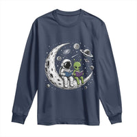Funny Bookworm In Space Long Sleeve Shirt Cute Astronaut And Alien Reading