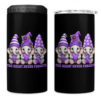 Cute Elephant Gnome Purple Ribbon Alzheimer's Support 4 in 1 Can Cooler Tumbler The Heart Never Forgets