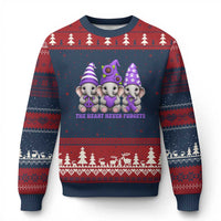 Cute Elephant Gnome Purple Ribbon Alzheimer's Support Ugly Christmas Sweater The Heart Never Forgets