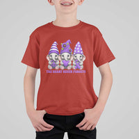 Cute Elephant Gnome Purple Ribbon Alzheimer's Support T Shirt For Kid The Heart Never Forgets