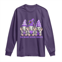 Cute Elephant Gnome Purple Ribbon Alzheimer's Support Long Sleeve Shirt The Heart Never Forgets