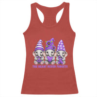 Cute Elephant Gnome Purple Ribbon Alzheimer's Support Racerback Tank Top The Heart Never Forgets