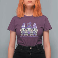 Cute Elephant Gnome Purple Ribbon Alzheimer's Support T Shirt For Women The Heart Never Forgets