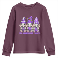 Cute Elephant Gnome Purple Ribbon Alzheimer's Support Youth Sweatshirt The Heart Never Forgets
