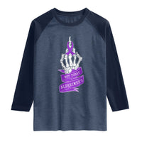 Not Today Alzheimers Raglan Shirt Funny Skeleton Middle Finger Purple Ribbon