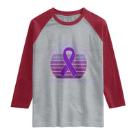 I Wear Purple For Alzheimers Raglan Shirt Vintage Sunset Purple Ribbon Graphic