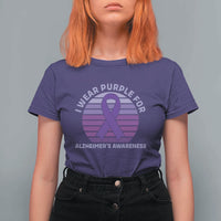 I Wear Purple For Alzheimers T Shirt For Women Vintage Sunset Purple Ribbon Graphic