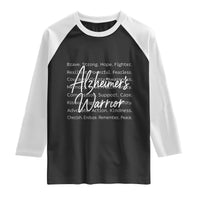 Alzheimers Warrior Purple Ribbon Support Word Cloud Typography Raglan Shirt