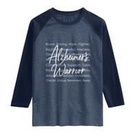 Alzheimers Warrior Purple Ribbon Support Word Cloud Typography Raglan Shirt