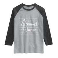 Alzheimers Warrior Purple Ribbon Support Word Cloud Typography Raglan Shirt