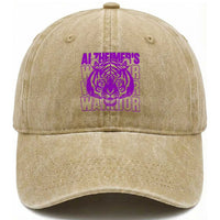 Alzheimer's Warrior Washed Cotton Baseball Cap Purple Tiger Ribbon Support Graphic