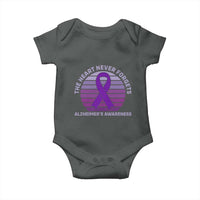 The Heart Never Forgets Alzheimers Support Baby Onesie Vintage Sunset Purple Ribbon Graphic