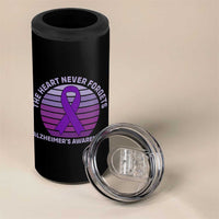 The Heart Never Forgets Alzheimers Support 4 in 1 Can Cooler Tumbler Vintage Sunset Purple Ribbon Graphic