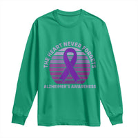 The Heart Never Forgets Alzheimers Support Long Sleeve Shirt Vintage Sunset Purple Ribbon Graphic