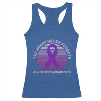 The Heart Never Forgets Alzheimers Support Racerback Tank Top Vintage Sunset Purple Ribbon Graphic