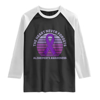 The Heart Never Forgets Alzheimers Support Raglan Shirt Vintage Sunset Purple Ribbon Graphic