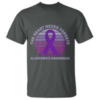 The Heart Never Forgets Alzheimers Support T Shirt Vintage Sunset Purple Ribbon Graphic