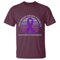 The Heart Never Forgets Alzheimers Support T Shirt Vintage Sunset Purple Ribbon Graphic